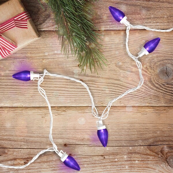 25 Count Purple LED C7 Christmas Lights，16 ft White Wire