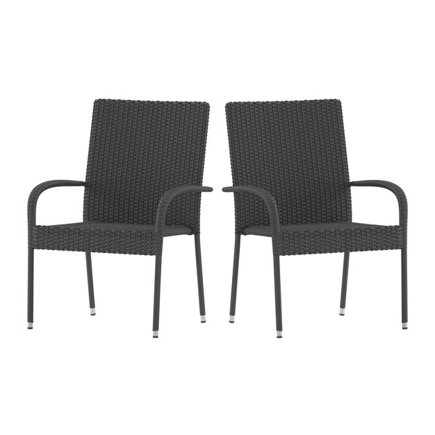 Merrick Lane Set Of Indoor outdoor Black Wicker Patio Chairs With Powder Coated Steel Frame Comfortably Curved Back And Arms