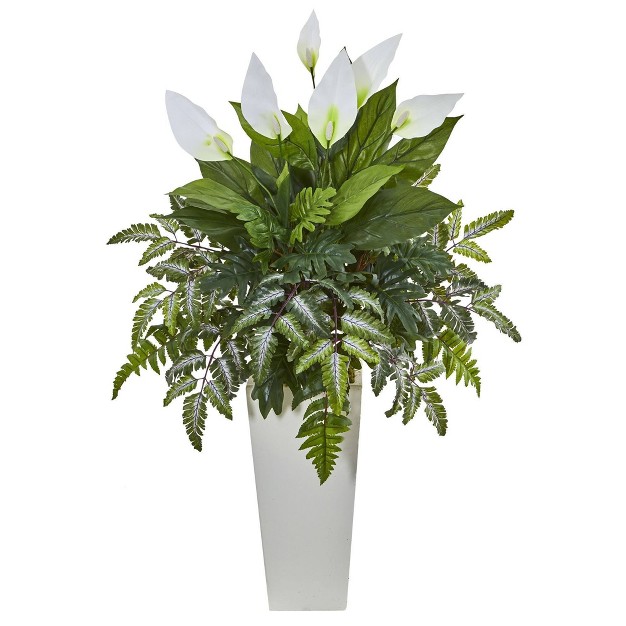 Nearly Natural 3-ft Mixed Spathifyllum Artificial Plant In White Tower Vase