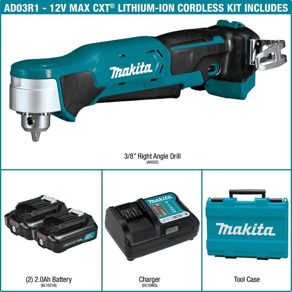 Makita 12V max CXT Lithium-Ion Cordless 38 in. Right Angle Drill Kit (2.0 Ah) AD03R1