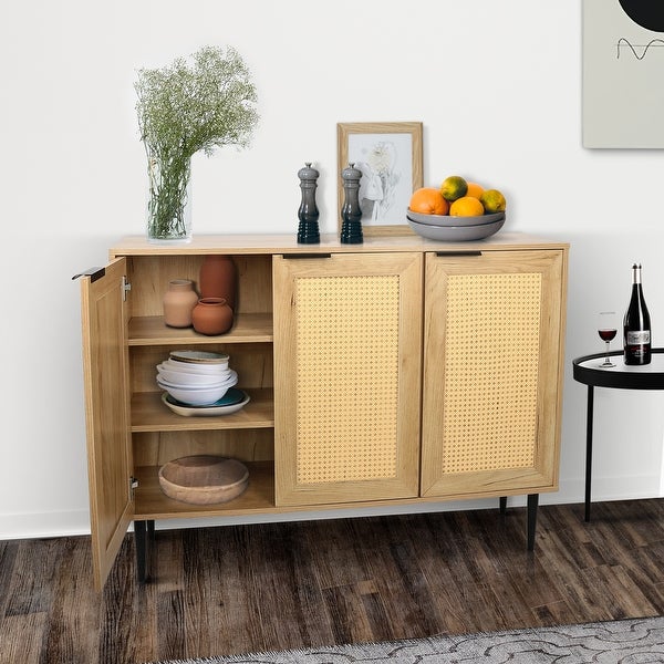 Wooden Kitchen Storage Cabinet with 3 Rattan Doors and Metal Legs