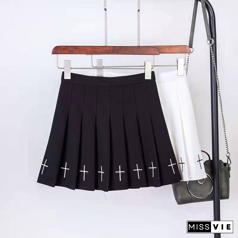 High Waist Mini Black Skirts Gothic Streetwear Cross Print Pleated Women Skirts Casual College Lolita Harajuku Skirt