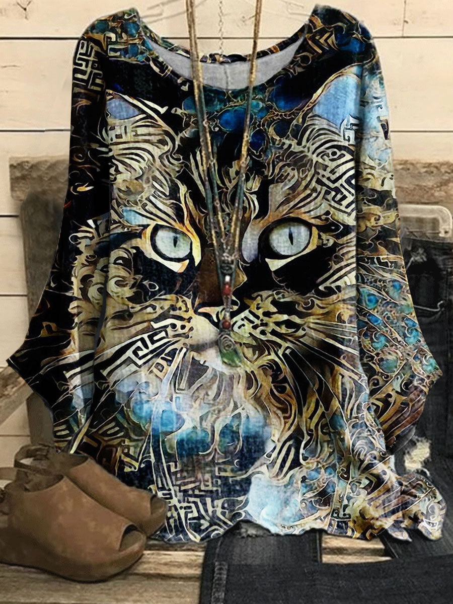 Round Neck Casual Loose Bronzing Cat Print Long-sleeved Blouse