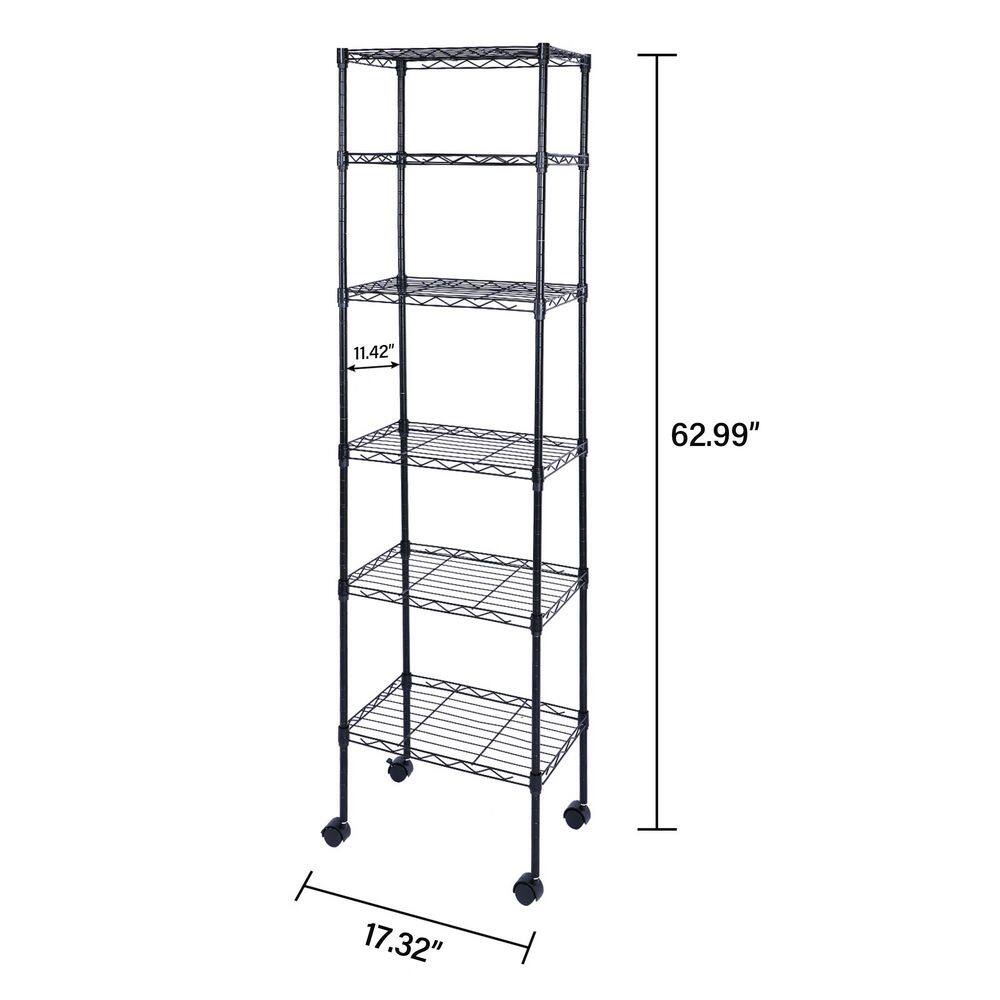 Tidoin Black Heavy Duty 6-Shelf Shelving Wire Shelving with Wheels and Hanging Hooks 17 in. W x 11 in. D x 63 in. H DHS-YDW1-967