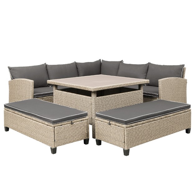 6 piece Outdoor Patio Wicker Rattan Sectional Sofa With Table And Bench For Backyard Garden Pool Side Brown Modernluxe