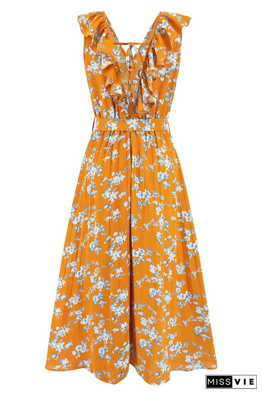 Sleeveless Smocked Tie Waist Floral Dress