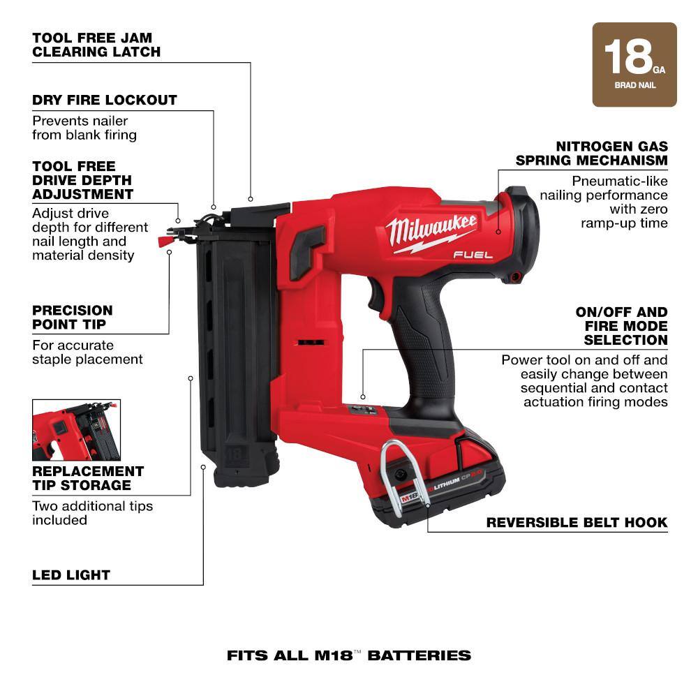 MW M18 FUEL 18-Volt Brushless Cordless 18-Gauge Brad Nailer Kit wM12 23-Gauge Cordless Pin Nailer  M12 2.0AH Battery 2746-21CT-2540-20-48-11-2420