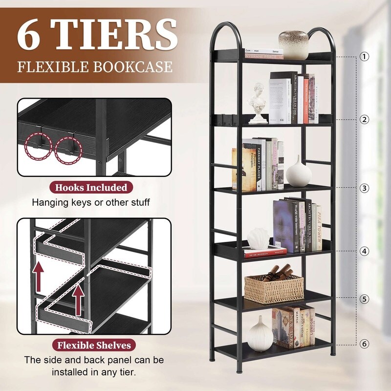 70.8 Inch Tall Bookshelf  6 tier Shelves with Round Top Frame