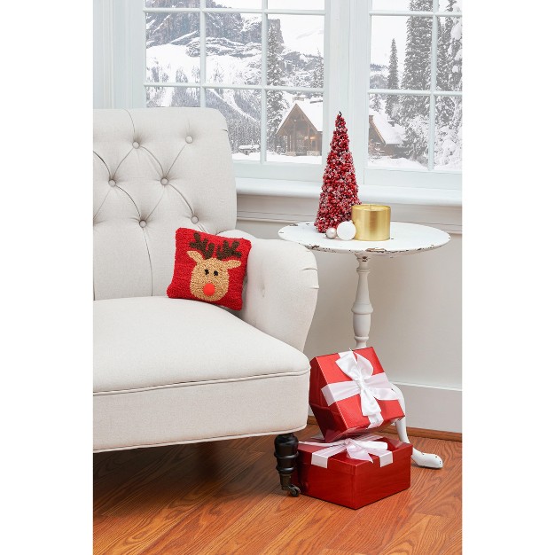 X 8 quot Reindeer Games Reindeer With Red Nose On Red Background Petite Accent Hooked Christmas Pillow