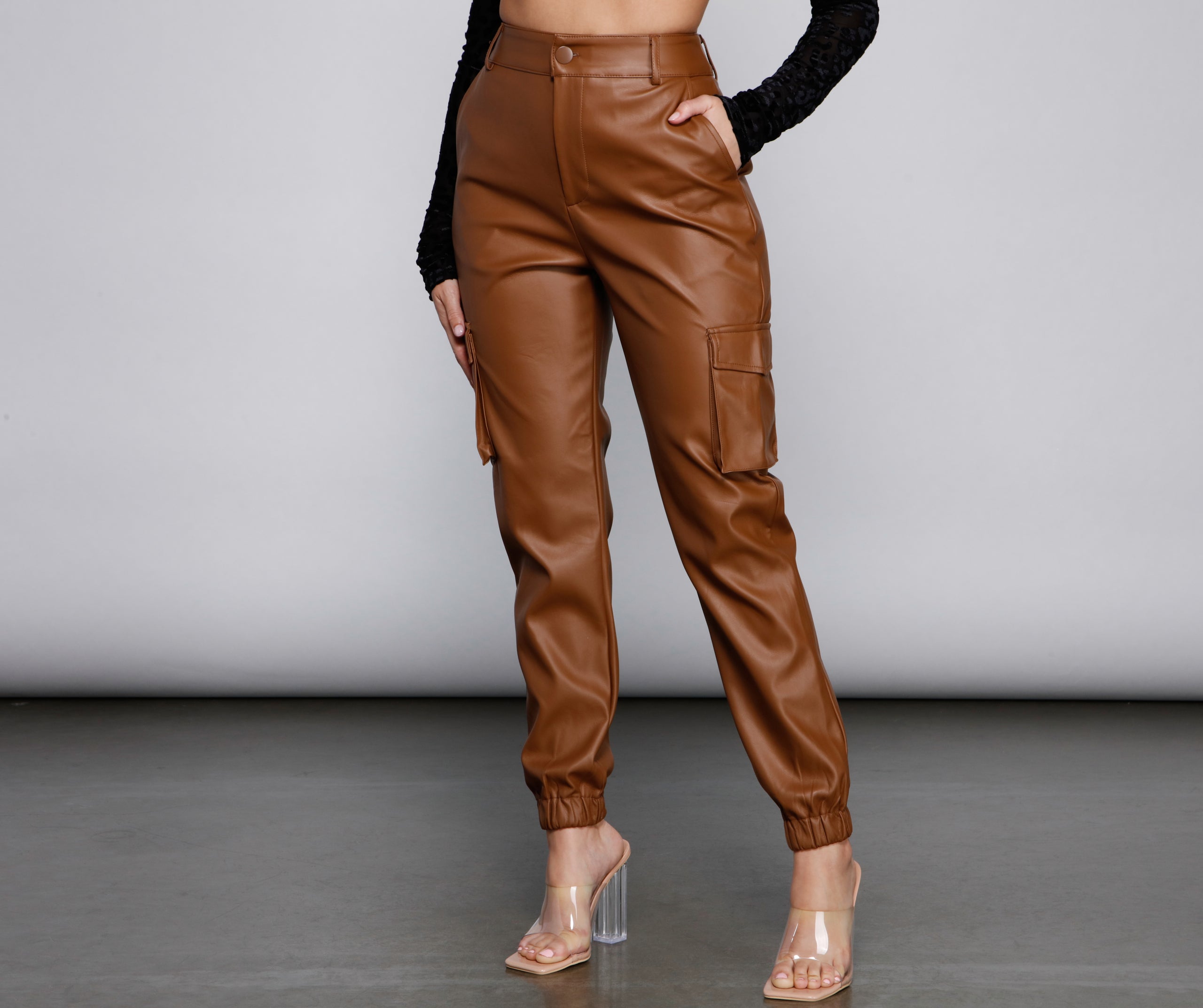 High Waist Faux Leather Cargo Pants