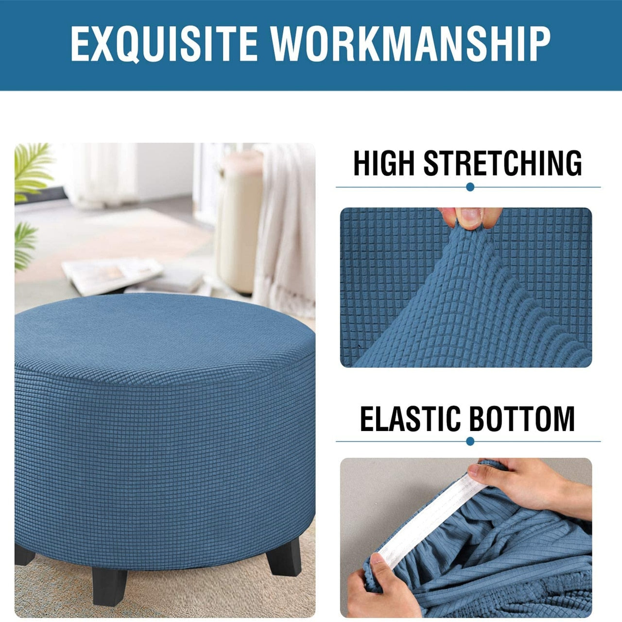 Enova Home Round Ottoman Slipcovers Footstool Protector Covers Storage Stool Ottoman Covers Stretch with Elastic Bottom (Denim Blue)