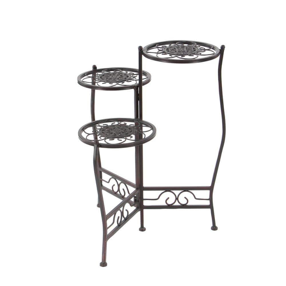 Litton Lane 18 in. Brown Metal Floral Indoor Outdoor 3 Tier Plantstand 41331