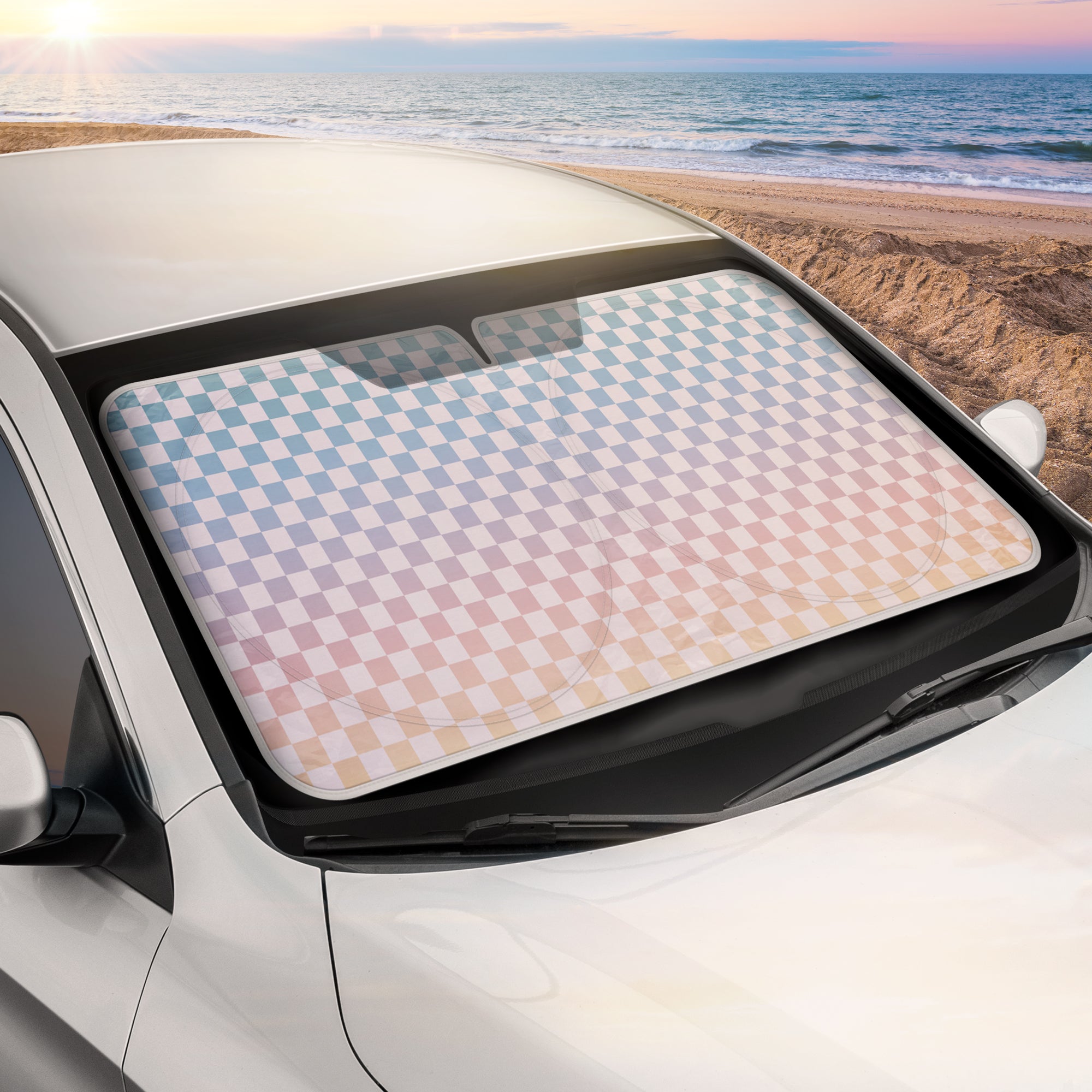 Carbella Auto Sun Shade AND 2PC Car Floor Mats Sunset Translucent Rainbow All Weather Heavy Duty Trim to Fit Most Cars， Vans， Trucks and SUVs