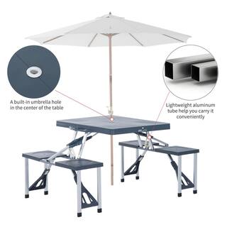 Outsunny Grey 4-Seats Aluminum Picnic Table with Four Chairs and Umbrella Hole 84B-031