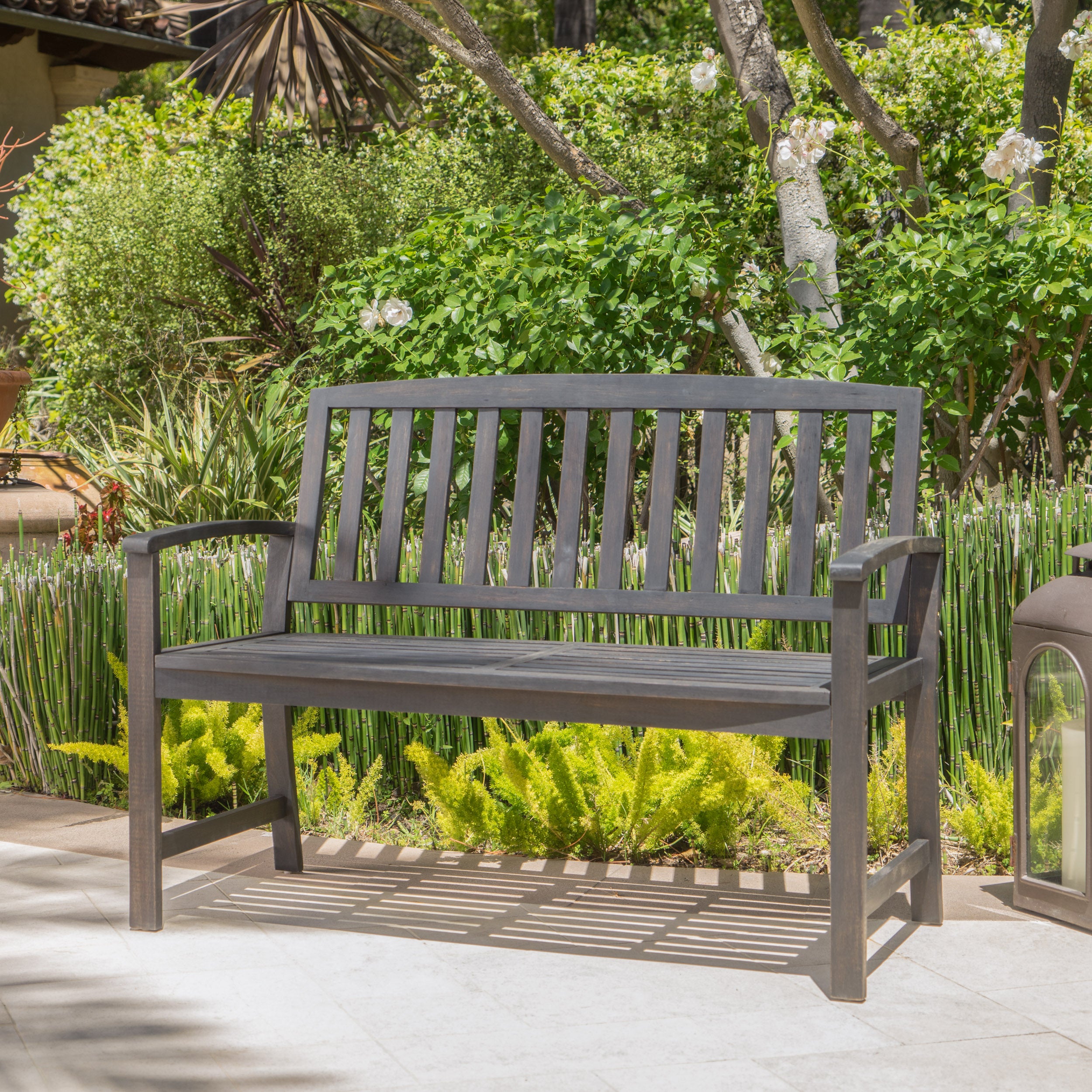 Laguna Outdoor Rustic Acacia Wood Bench with Open Slat Backrest