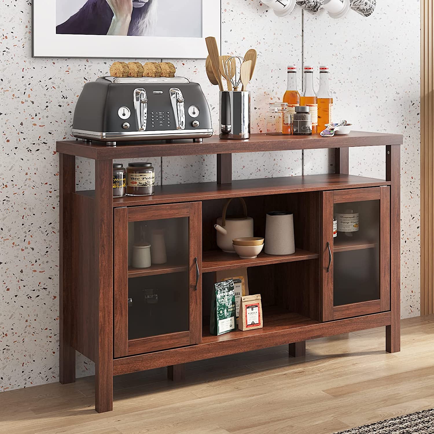 Soges Sideboard Storage Cabinet， Wood Buffet Sideboard with Shelf， Kitchen Cabinet with Glass Doors， Coffee Bar Cabinet， Brown