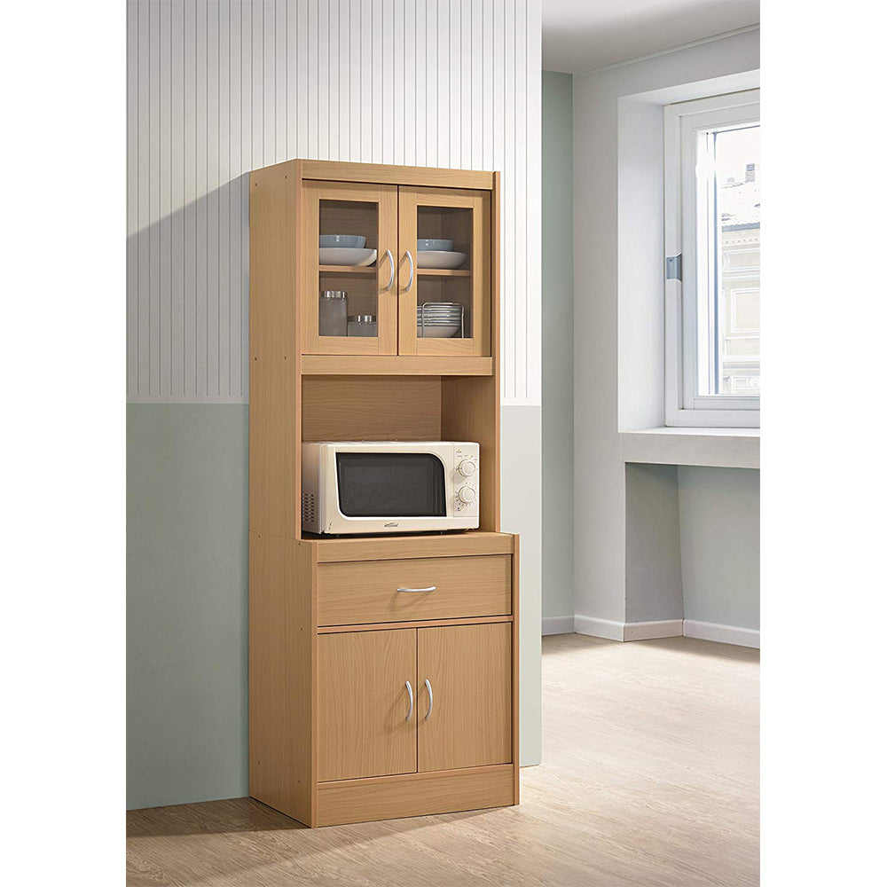 Hodedah Freestanding Kitchen Storage Cabinet w/ Open Space for Microwave, Beech