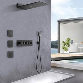 FORCLOVER 3-Spray Waterfall High Pressure Wall Mounted Shower System with 3 Body Sprays and Handheld Shower in Matte Black FRIMFTHS12MB