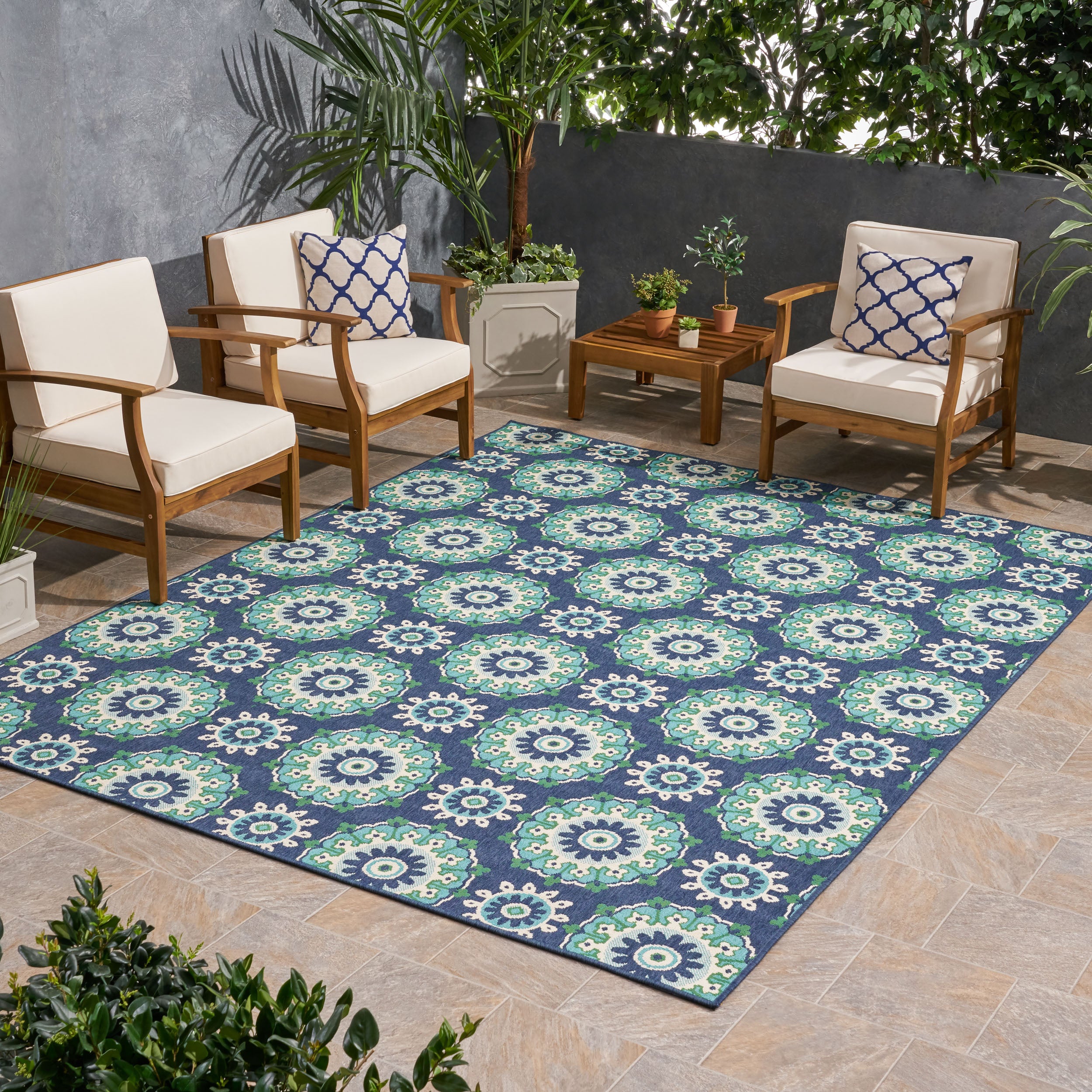 Arlene Outdoor Medallion Area Rug, Navy and Green