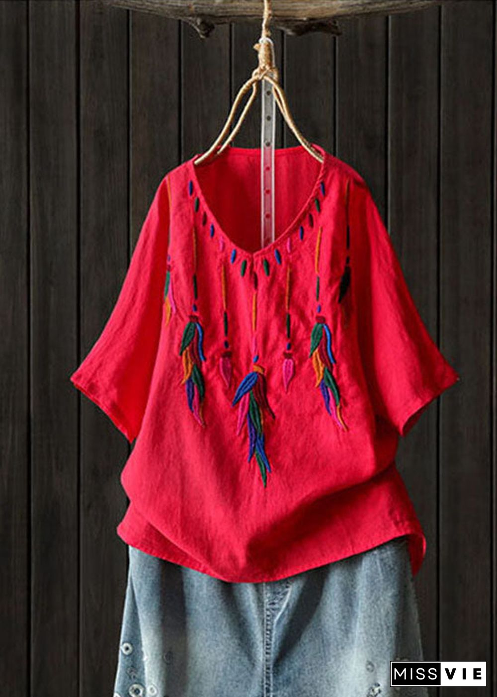 Classy Red Embroideried low high design V Neck Linen Shirt Top Short Sleeve