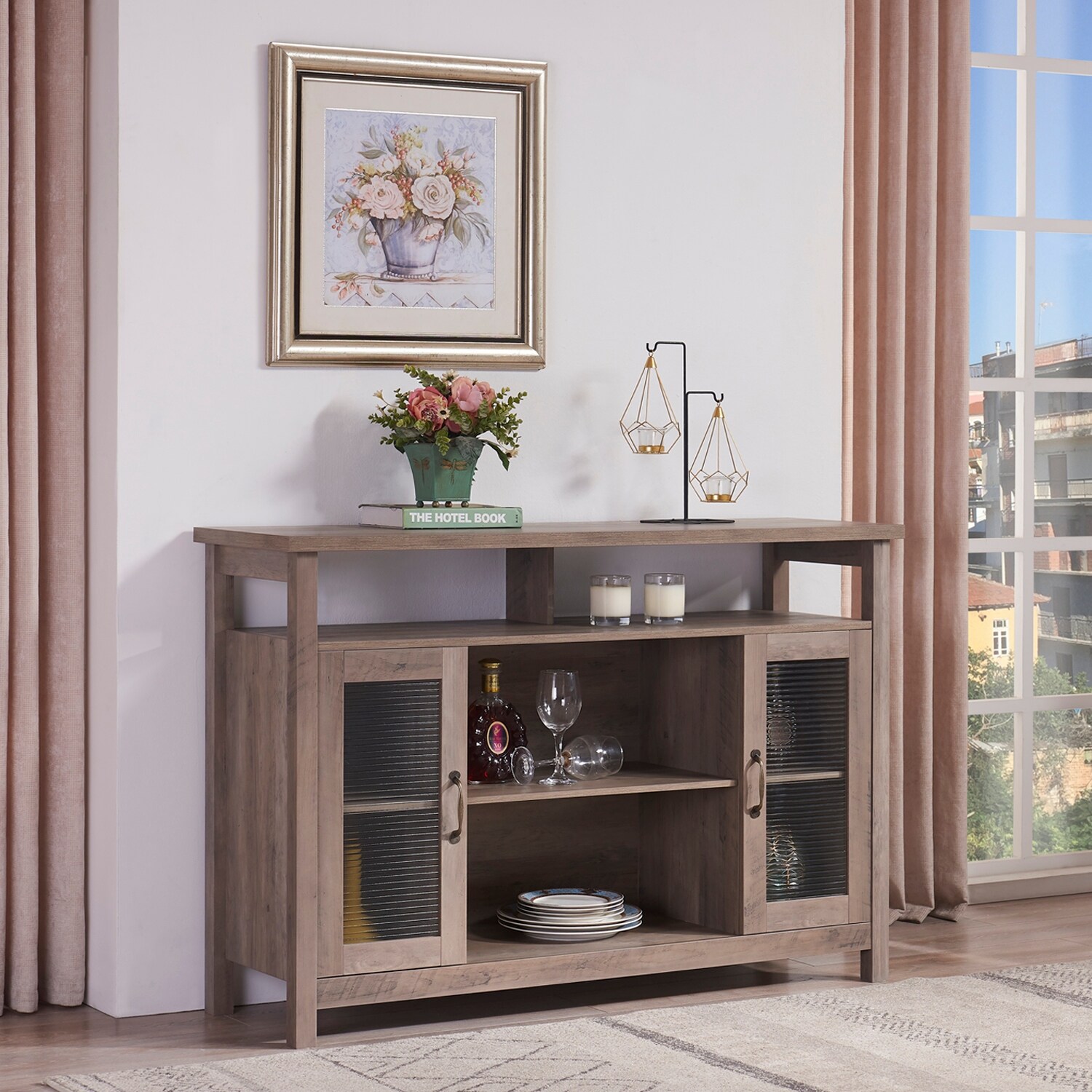 Wooden Sideboard with 4 Open Storage Shelves and 2 Door Storage in Gray Wash