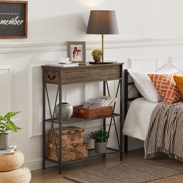 Modern Narrow Console Table with 2 Dual Drawer and Shelves， Brown