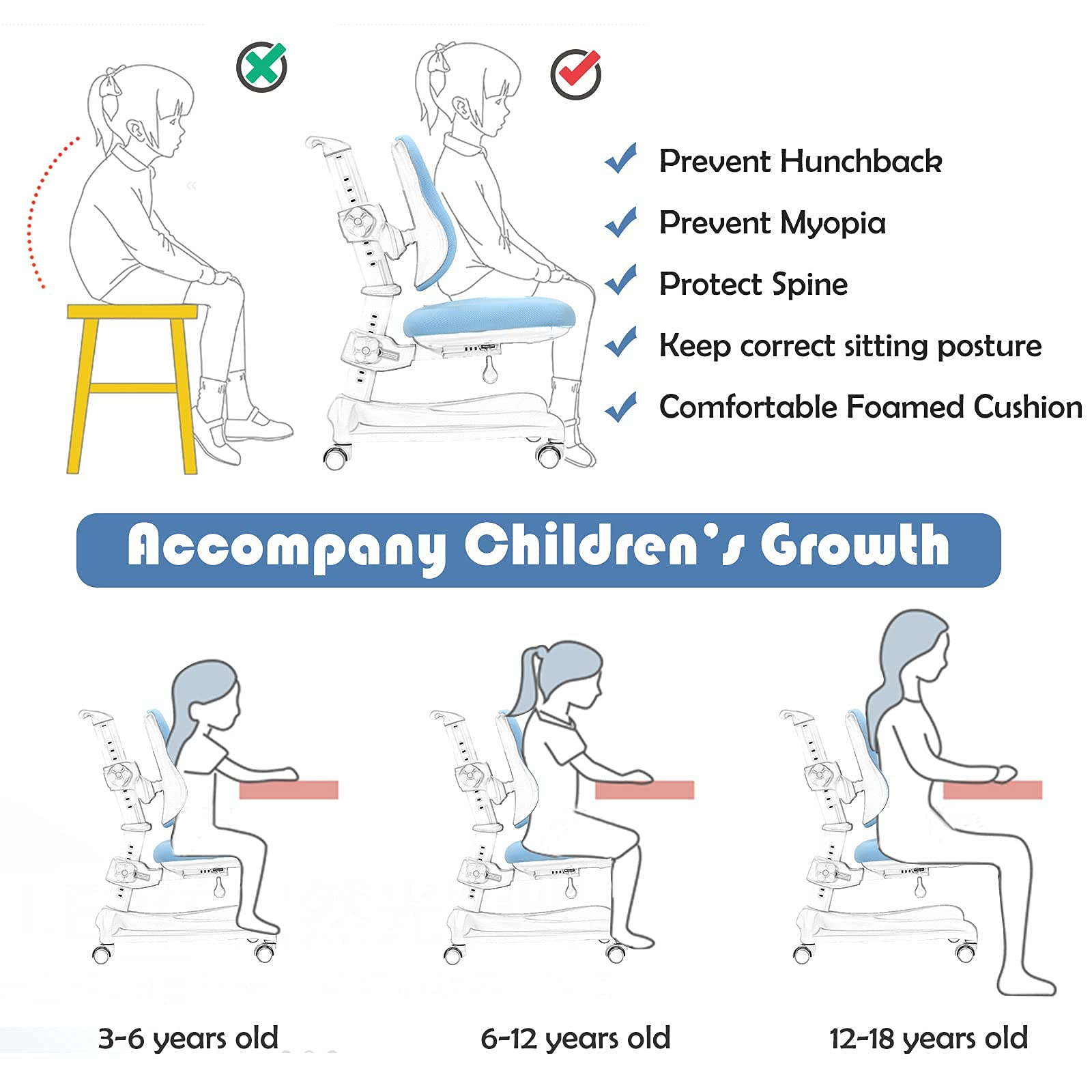 Costzon Kids Chair, Adjustable Height Student Chair w/Sit-Brake Casters