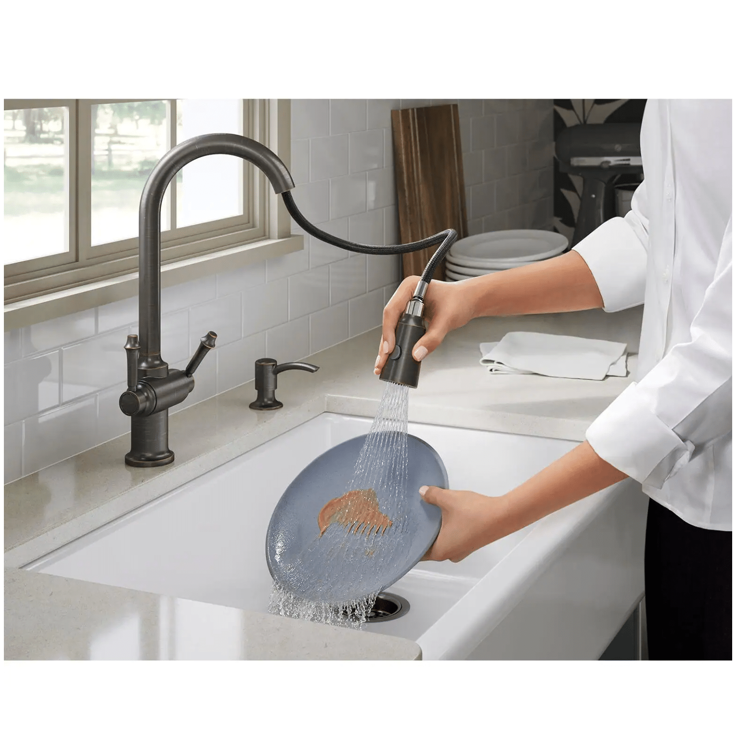 Kohler Thierry Two Handle Pull-Down Sprayer Kitchen Faucet with Soap Dispenser in Oil-Rubbed Bronze