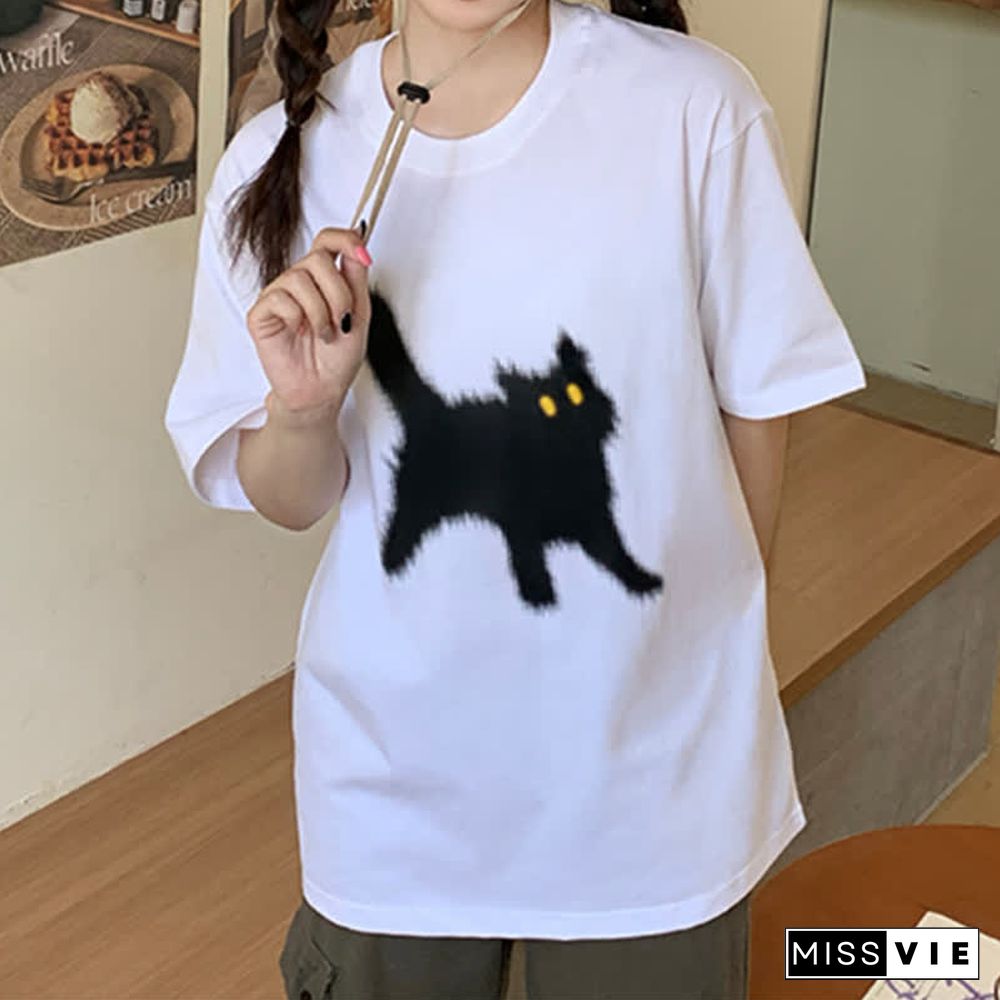 Cartoon Cat Print Round Collar Oversized T-Shirt