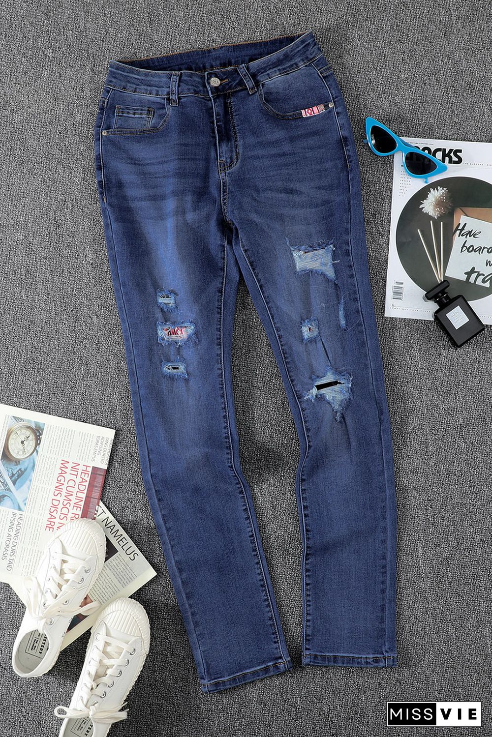 Aztec Patch Ripped Slim-fit Jeans