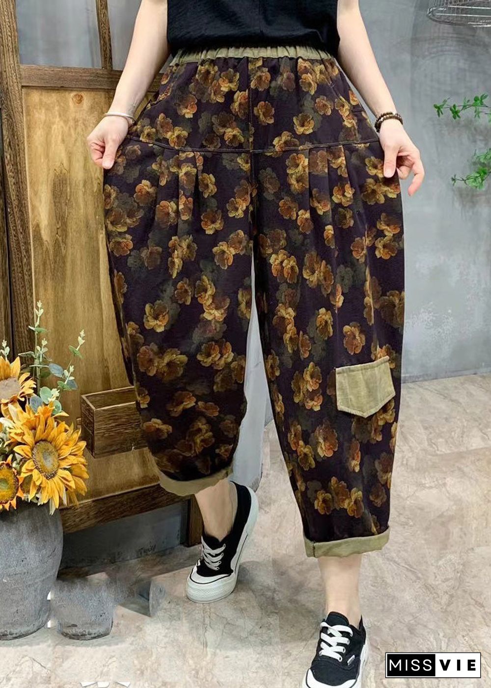 Stylish Purple Print Linen Harem Pants Summer