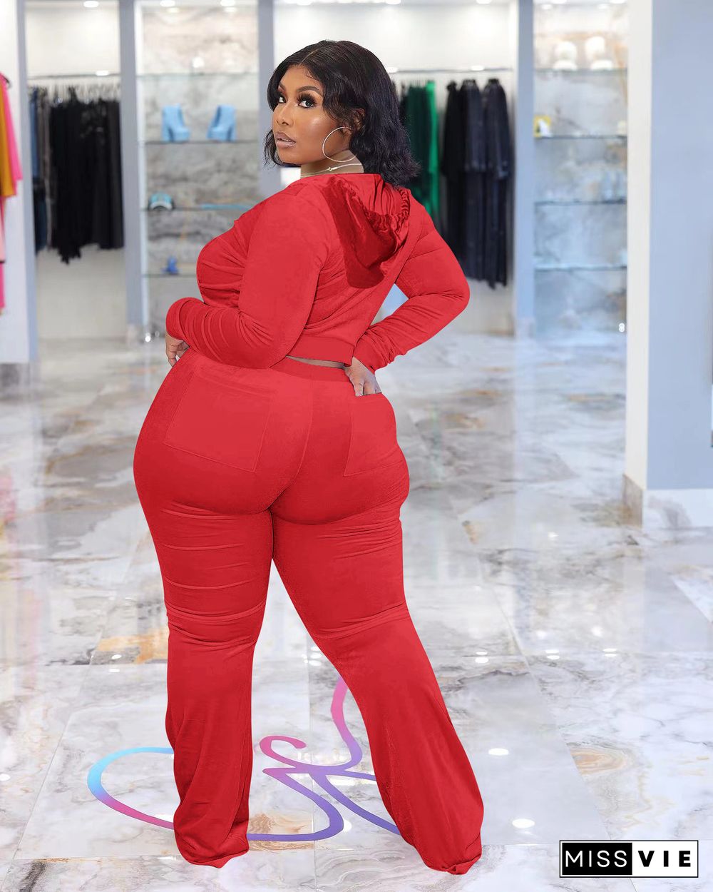 Plus Size Velvet Hooded Jacket Wide Leg Pants Suit