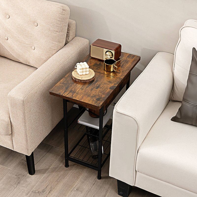 Side End Table with Charging Station Flip-Up Top for Living Room-Rustic Brown