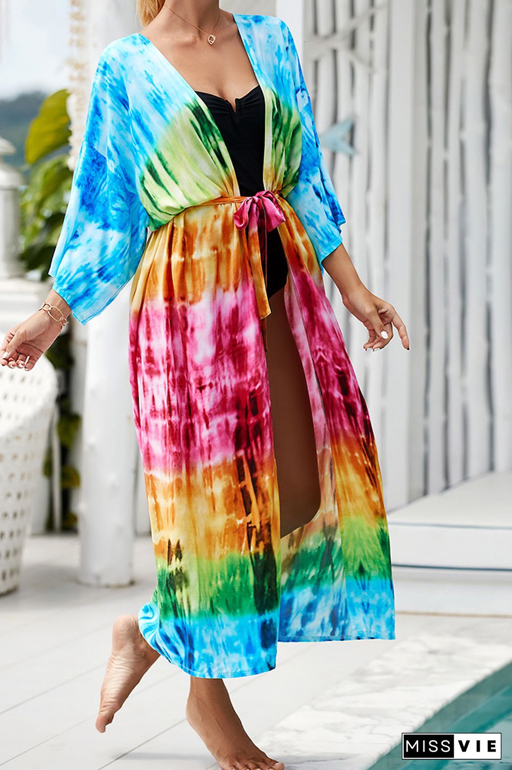 Colorblock Printing Beach Cover Up Kimono