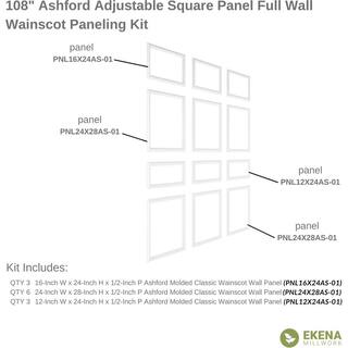 Ekena Millwork 94 12 in. (Adjustable 108 in. to 132 in.) 70 sq. ft. Polyurethane Ashford Square Full Wall Wainscot Kit Primed WPKUFW013P108