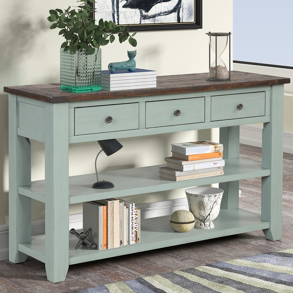 Modern Solid Pine Wood Top Console Table with Drawers and Shelves