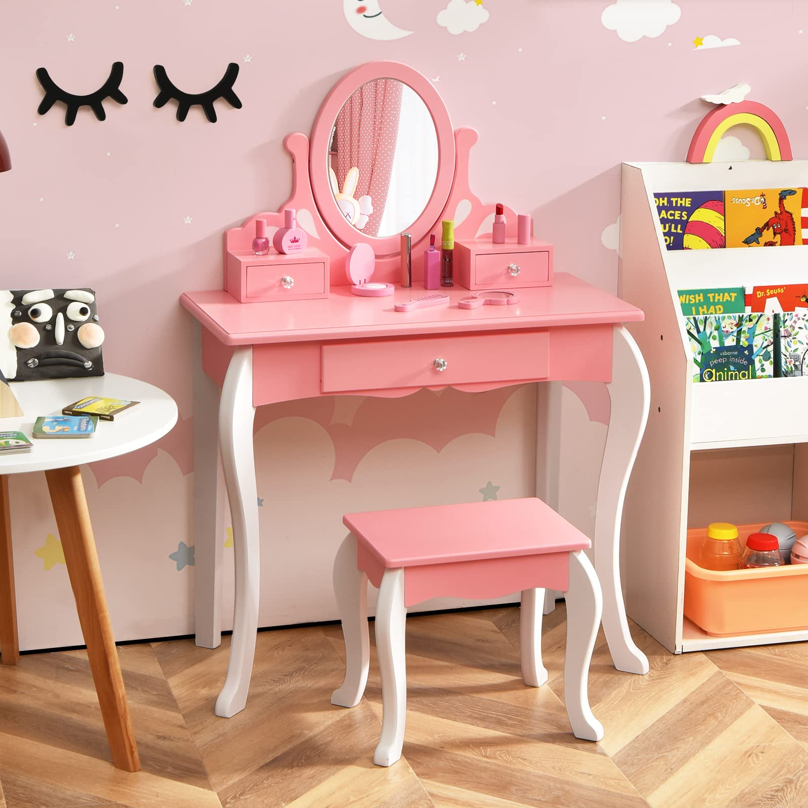 Costzon Kids Vanity Set with Mirror, 2 in 1 Princess Makeup Dressing Table w/ Detachable Top