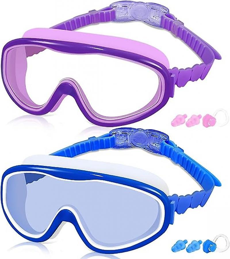 Kids Swim Goggles For Age 3-15， 2 Pack Kids Goggles For Swimming With Nose Cover， No Leaking， Anti-fog， Waterproofpurple+blue