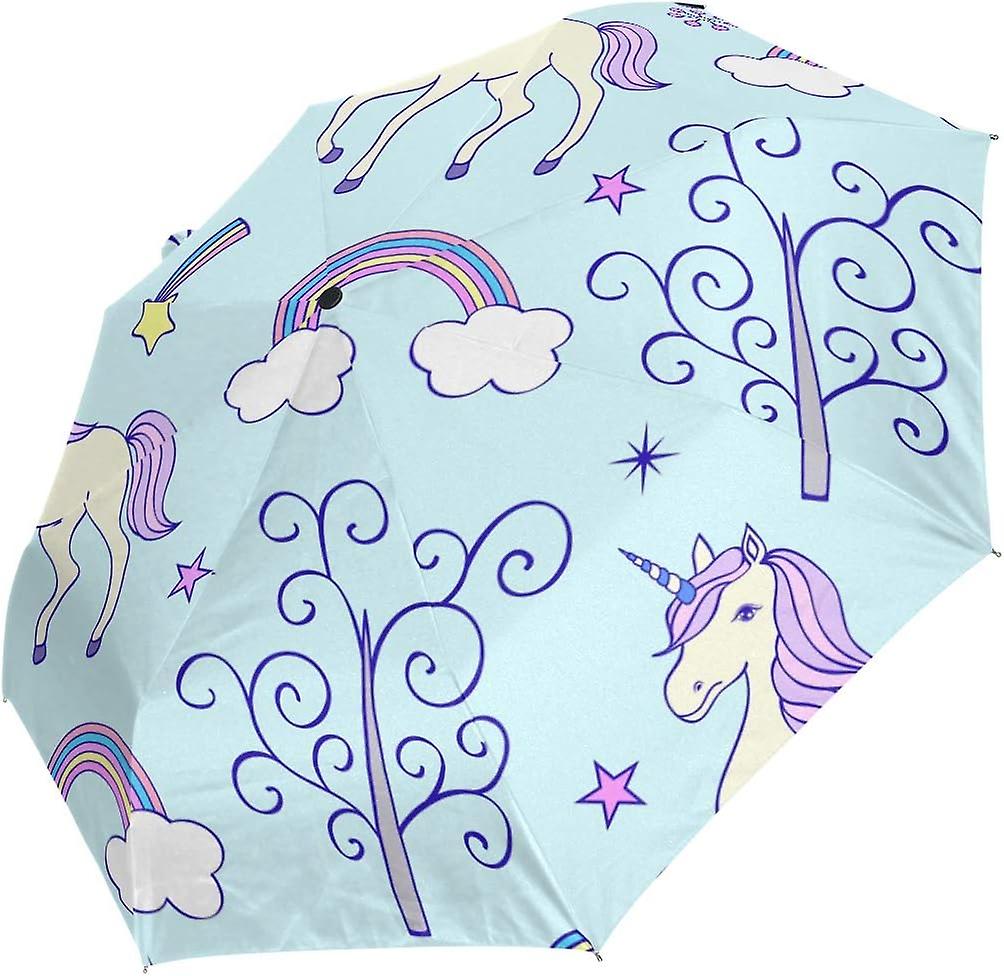 Travel Umbrella Automatic Windproof Foldable Umbrella Unicorn Theme On Light Blue