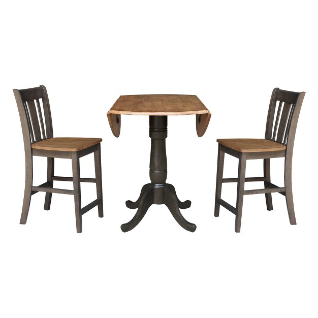 Round Dual Drop Leaf Counter Height Dining Table With 2 Splat Back Stools Hickory washed Coal International Concepts