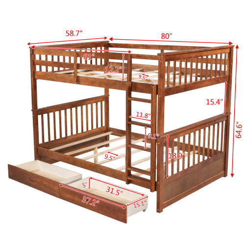 Wood Full Over Full Bunk Bed with Two Storage Drawers and Ladders for Kids Adults,Walnut