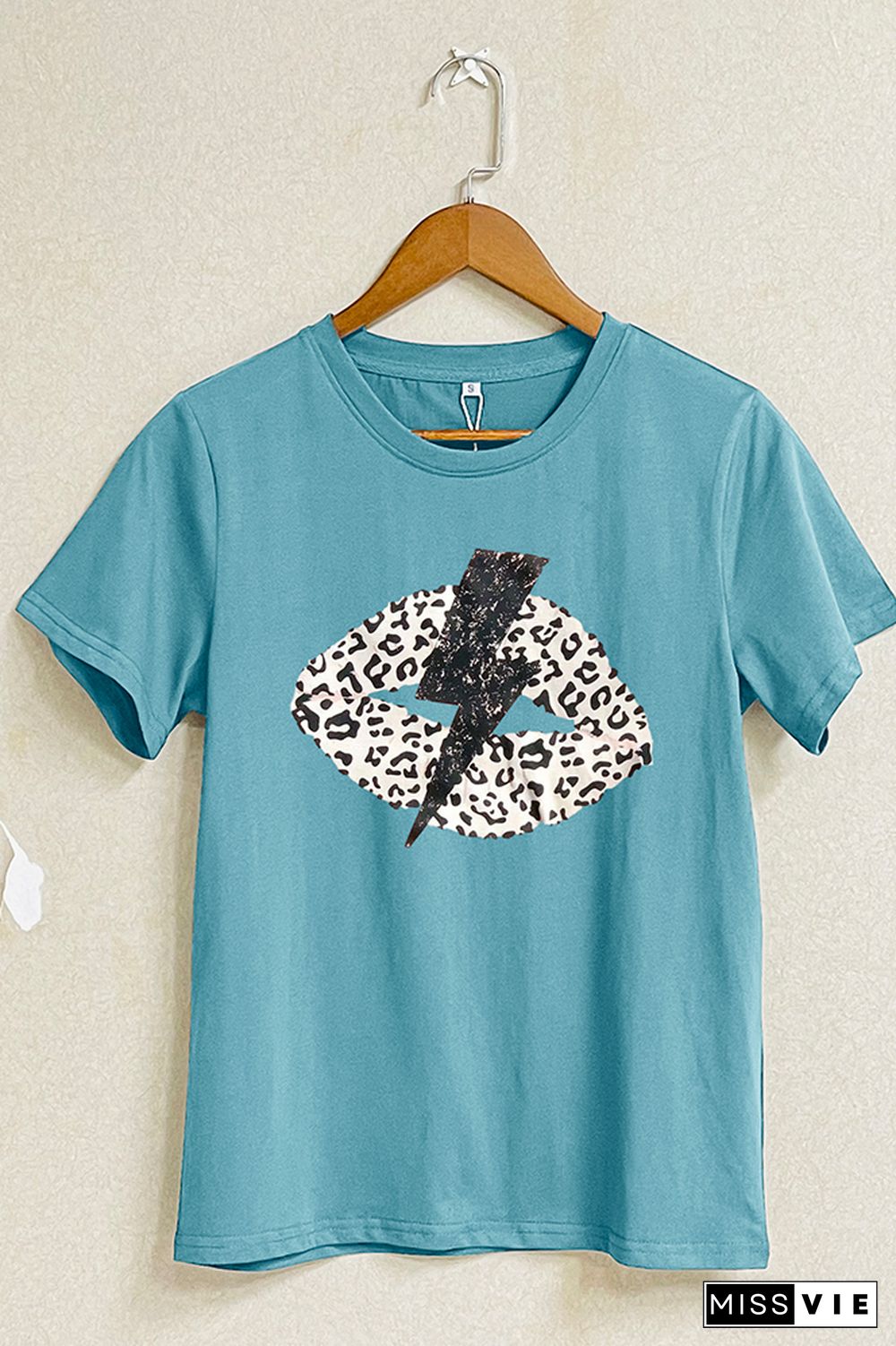 Leopard Lightning Lip Print Graphic Tees for Women Wholesale Short Sleeve T shirts Top