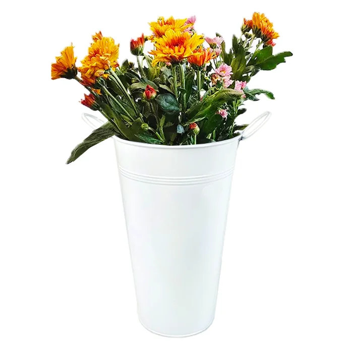 White tall vase galvanized matte beige iron metal flower bucket with handles for decor home garden