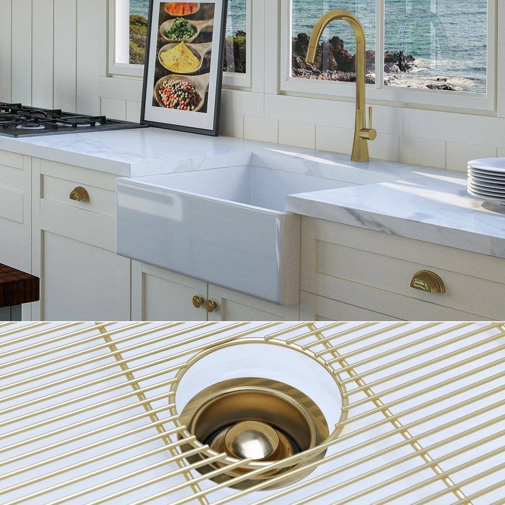 Fossil Blu Luxury White Solid Fireclay 26 in. Single Bowl Farmhouse Apron Kitchen Sink with Matte Gold Accs and Flat Front WHS1000BB