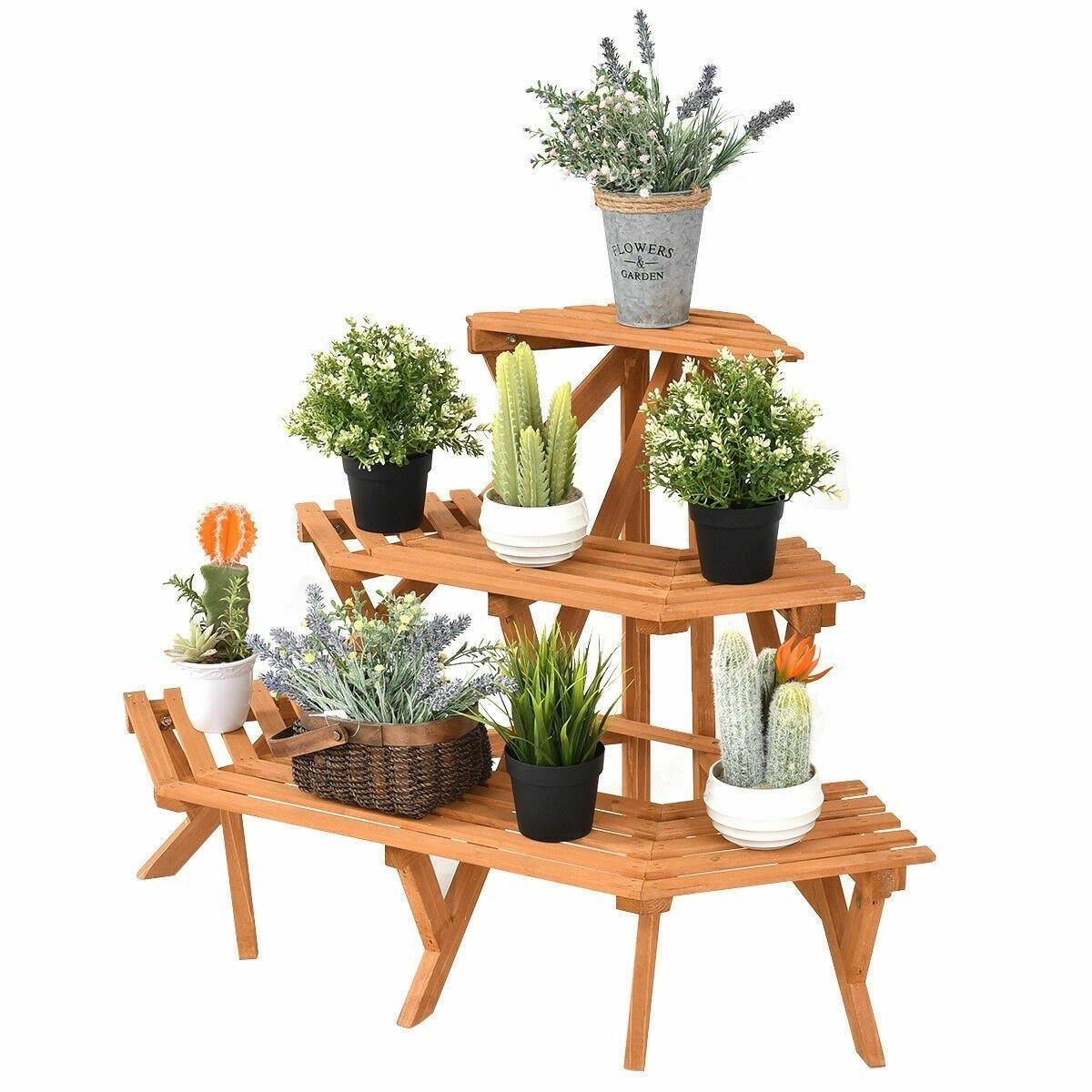 3 Tiers Wooden Corner Ladder Flower Plant Stand Display Shelf