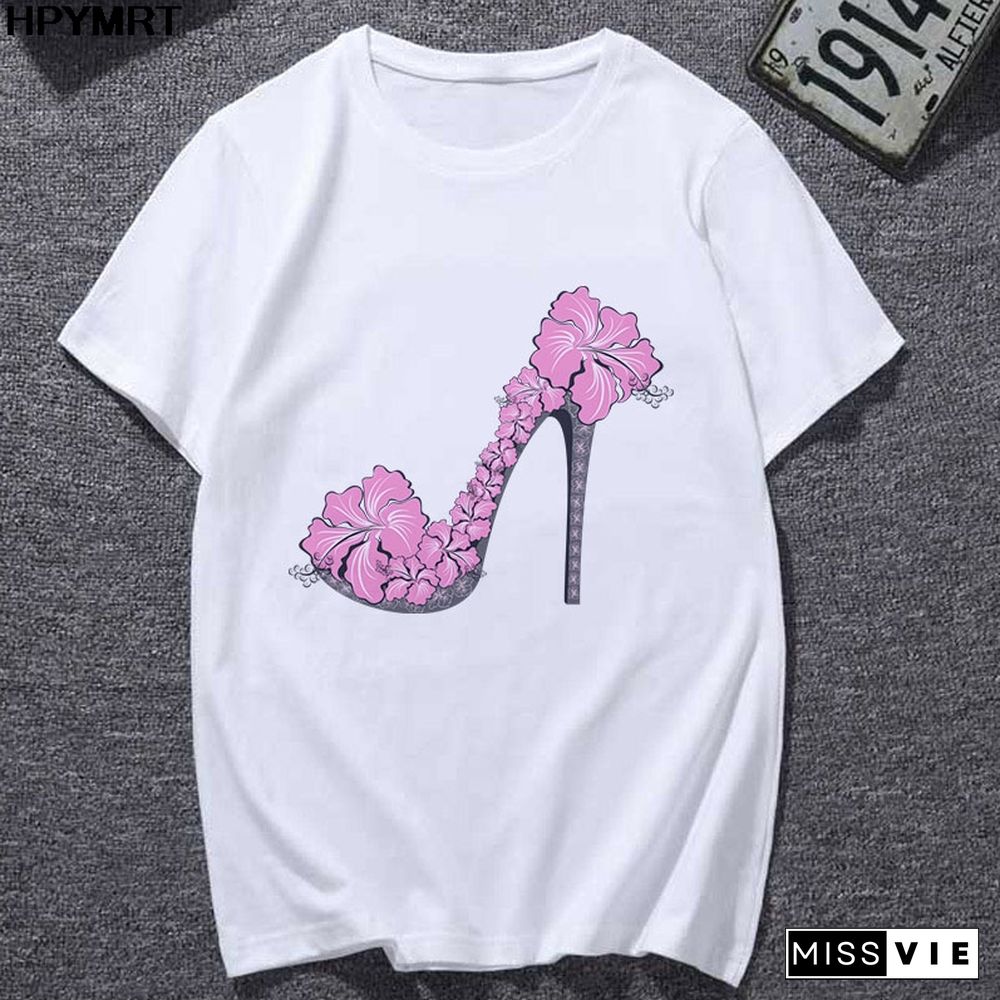 Summer Newest T-Shirts Women Watercolor High Heels Printed Femme T-shirt