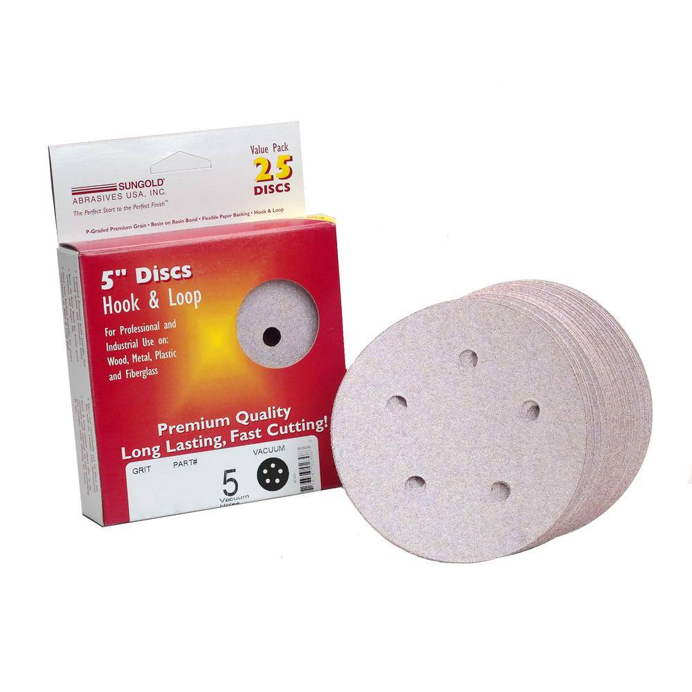 Sungold Abrasives 5 in. 5-Hole 1500-Grit Premium Plus Stearated Aluminum Oxide Hook and Loop Sanding Discs (25 per Box) 023243