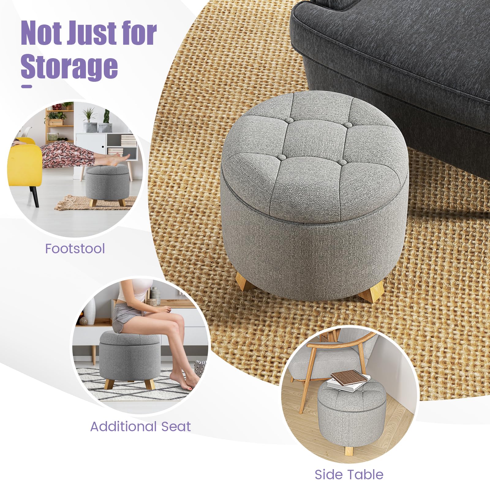 Giantex Storage Ottoman Foot Rest - Upholstered Round Tufted Vanity Stool with Solid Wood Feet (Gray)