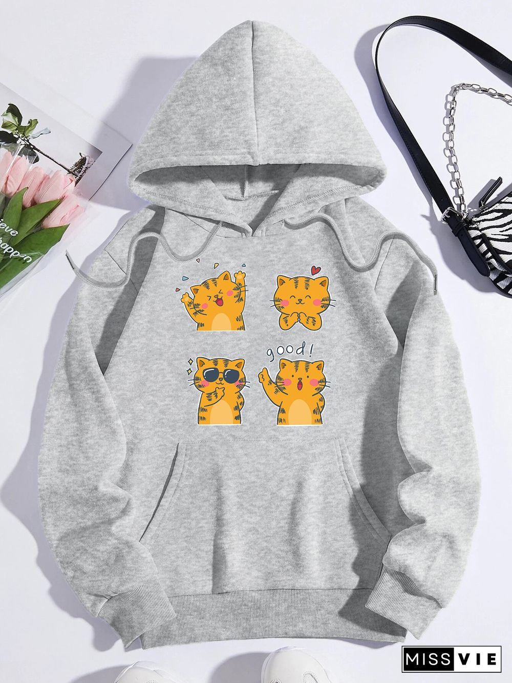 Printed on front Kangaroo Pocket Hoodie Long Sleeve for Women Pattern Cute Yellow Cat