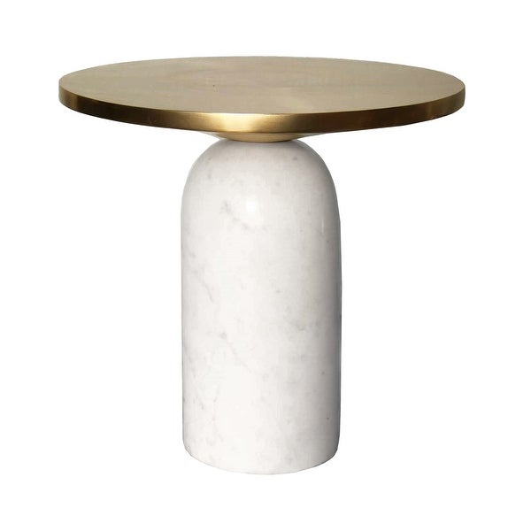 17 Inch Round Brass Modern Accent End Table with Cylindrical Marble Base， Brass， White